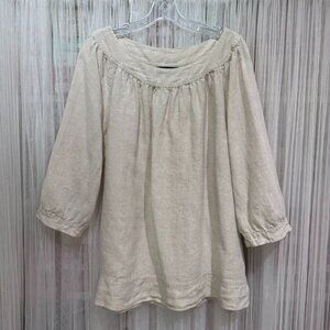 Lands’ End 100% Linen Beige Blouse Women’s Size 14-16 3/4 Sleeve Peasant Tunic